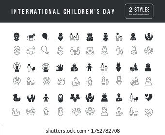 Collection of vector black and white icons of international childrens day in simple design for mobile concepts, web and applications. Set modern logos and pictograms.
