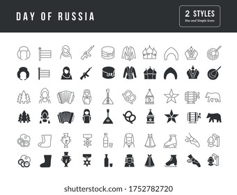 Collection of vector black and white icons of day of russia in simple design for mobile concepts, web and applications. Set modern logos and pictograms.