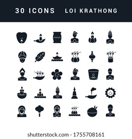 Colección de iconos vectoriales en blanco y negro de loi krathong en diseño simple para conceptos móviles, web y aplicaciones. Establezca logotipos y pictogramas modernos.