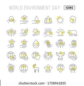 Collection of vector black and white icons of world environment day in simple design for mobile concepts, web and applications. Set modern logos and pictograms.