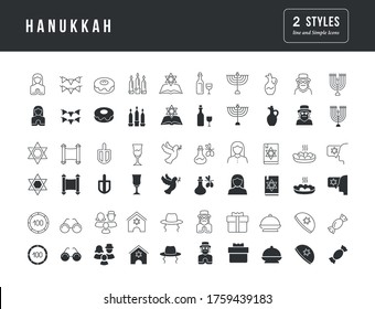 Collection of vector black and white icons of hanukkah in simple design for mobile concepts, web and applications. Set modern logos and pictograms.