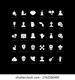 Collection of vector black and white icons of day of the dead in simple design for mobile concepts, web and applications. Set modern logos and pictograms.