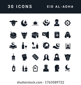 Collection of vector black and white icons of Eid Al-Adha in simple design for mobile concepts, web and applications. Set modern logos and pictograms.