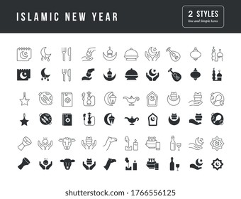 Collection of vector black and white icons of islamic new year in simple design for mobile concepts, web and applications. Set modern logos and pictograms.