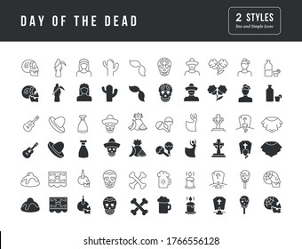 Collection of vector black and white icons of day of the dead in simple design for mobile concepts, web and applications. Set modern logos and pictograms.