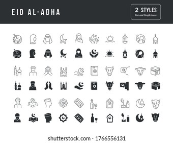 Collection of vector black and white icons of Eid Al-Adha in simple design for mobile concepts, web and applications. Set modern logos and pictograms.