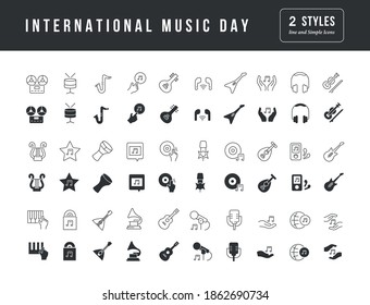 Collection of vector black and white icons of international music day in simple design for mobile concepts, web and applications. Set modern logos and pictograms.