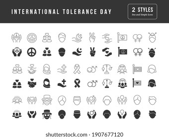 Colección de iconos vectoriales en blanco y negro del día internacional de tolerancia en diseño simple para conceptos móviles, web y aplicaciones. Establezca logotipos y pictogramas modernos.
