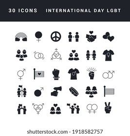 Colección de iconos vectoriales en blanco y negro de la comunidad LGBT de día internacional en un diseño sencillo para conceptos móviles, web y aplicaciones. Establezca logotipos y pictogramas modernos.