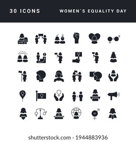 Colección de iconos vectoriales en blanco y negro del día de la igualdad de la mujer en diseño simple para conceptos móviles, web y aplicaciones. Establezca logotipos y pictogramas modernos.
