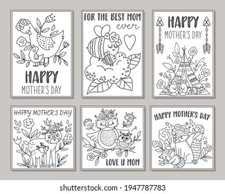 Collection of vector black and white Mothers Day cards with cute boho animals. Pre-made designs or coloring pages with woodland baby insects and birds with mothers. Bohemian style posters 

