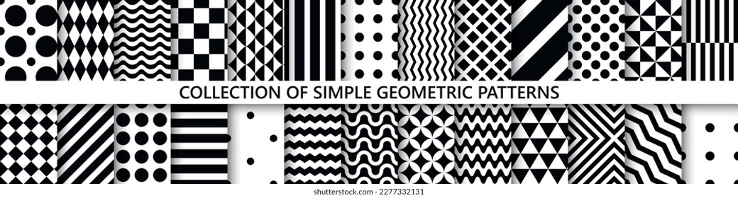 Collection of vector black and white seamless patterns. Simple geometric textures - repeatable backgrounds. Monochrome unusual design, minimalistic textile prints