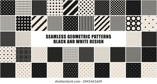 Colección de patrones vectoriales sin costuras en blanco y negro. Texturas geométricas simples punteadas y rayadas - fondos repetibles. Diseño inusual monocromo, estampados textiles minimalistas
