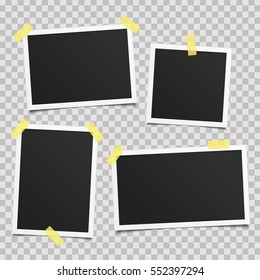 Collection of vector blank photo frames with shadow effects and sticky tape scotch isolated on PS background. Set different sizes of photos, frame for your picture. Vector illustration realistic style
