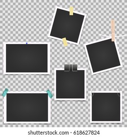 Collection Of Vector Blank Photo Frames With Shadow Effects And Sticky Tape Scotch Clothespin, Clerical Clothespin, Binder, Clip, Button,isolated On PS Background. Set  Photos, Frame For Your Picture.