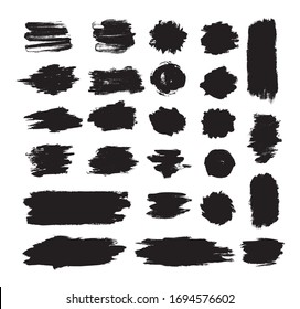 Collection of vector blots, grunge textures, spots, borders, stains, frames, splashes, ink brushes, and backdrops. Set for any design. Hand-drawn silhouettes and shapes on a white background.