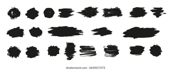 Collection of vector blots, grunge textures, spots, borders, stains, frames, splashes, ink brushes, and backdrops. Set for any design. Hand-drawn silhouettes and shapes on a white background. vector