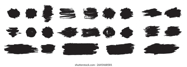 Collection of vector blots, grunge textures, spots, borders, stains, frames, splashes, ink brushes, and backdrops. Set for any design. Hand-drawn silhouettes and shapes on a white background.