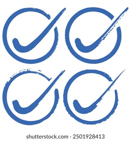 collection of vector blue brush stroke painted check mark inside a circle, verification, approval, confirmation or completion symbols.