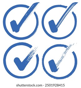 collection of vector blue brush stroke painted check mark inside a circle, verification, approval, confirmation or completion symbols.