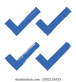 collection of vector blue brush stroke painted check mark, verification, approval, confirmation or completion symbols.