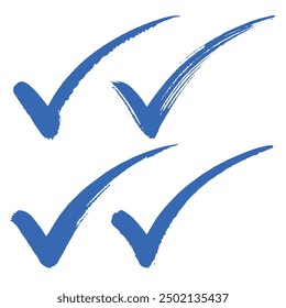 collection of vector blue brush stroke painted check mark, verification, approval, confirmation or completion symbols.