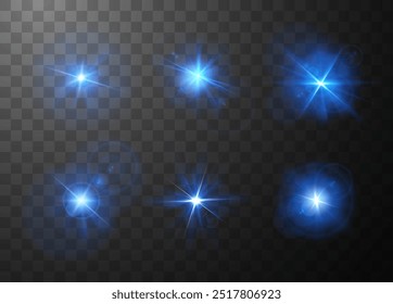 A collection of vector blue flash effects with bright rays and highlights on a transparent background. An illustration highlighting the bright glow and energy