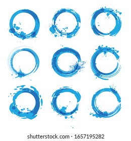 Collection of vector blue frames with brush strokes and splashes. Set of abstract backgrounds.