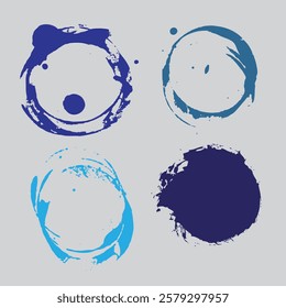 Collection of vector blue frames with brush strokes and splashes. Set of abstract backgrounds.