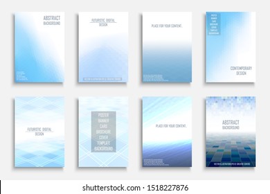 Collection of vector blue light abstract polygonal contemporary templates, posters, placards, brochures, banners, flyers, backgrounds and etc. Colorful gradient covers - mosaic geometric design.