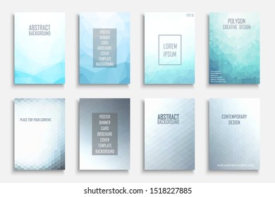 Collection of vector blue light abstract polygonal contemporary templates, posters, placards, brochures, banners, flyers, backgrounds and etc. Colorful gradient covers - mosaic geometric design.