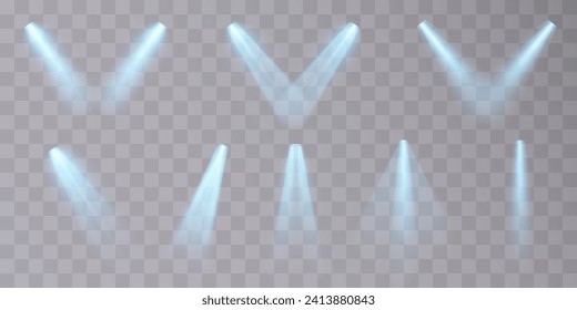 Collection of vector blue light spot spotlights isolated on transparent background.