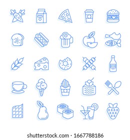 Collection of vector blue outline icons with shadows of food and dessert. Minimal thin line icon set for cafe and restaurant - vegetables, fruits, drinks, fast food, bakery, dish and desserts isolated