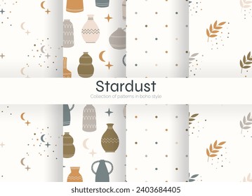 	
Collection of vector boho patterns with images of the moon and stars, antique vases, abstract dots, and branches. Mystical illustration.