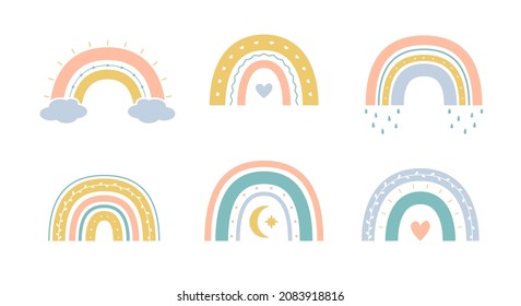 Collection of vector boho rainbows for kids. Cute colorful illustration in hand drawn style. Glyph nature weather element. For poster, print, nursery room or card.