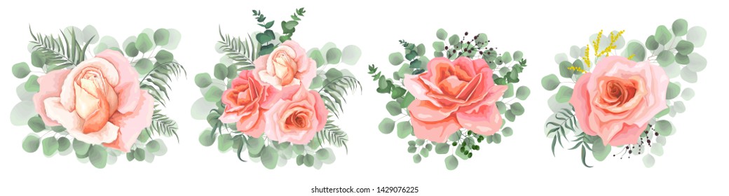 Collection of vector bouquets with roses. Pink roses, eucalyptus, berries, green plants. All elements are isolated.