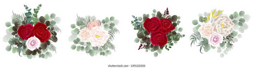Collection of vector bouquets with roses. Red and beige roses, eucalyptus, berries, green plants. All elements are isolated.