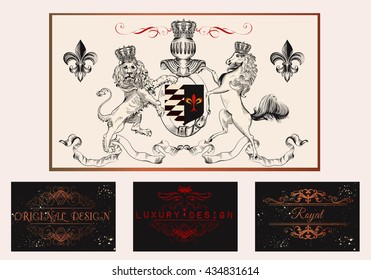 A collection of vector branding templates in vintage royal luxury style for elegant retro design with shield lion horse and flourishes