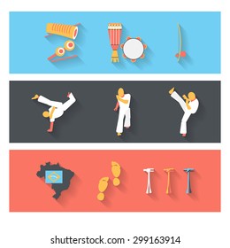 Collection of vector Brazilian fight patterns. Set of long shadow flat style vector sports icon templates.