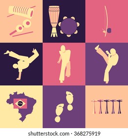 Collection of vector Brazilian fight patterns. Set of long shadow flat style vector sports icon templates.