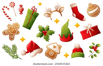 Collection of vector bright Christmas objects, attributes, symbols of Christmas and happy new year. Candy canes, gingerbread, gift box, Santa's hat, green plants with red berries, fir tree.