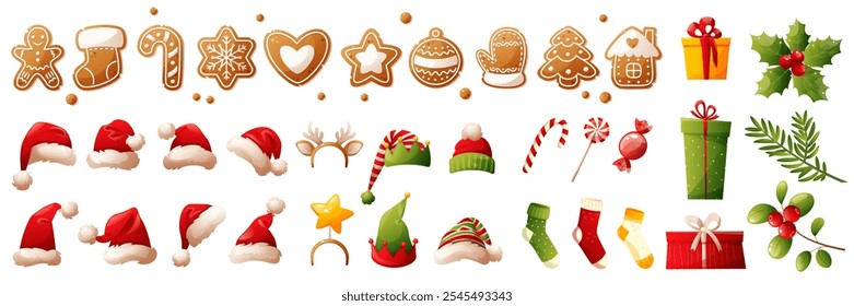 Collection of vector bright Christmas objects, attributes, symbols of Christmas and happy new year. Candy canes, gingerbread, gift box, Santa's hat, green plants with red berries, fir tree.