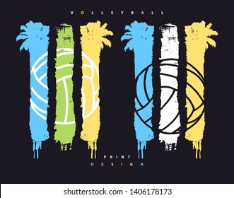 Collection of vector bright designs for volleyball. Sports print for t-shirts, posters, banners, flyers, cards. Hand drawing, grunge style. Abstract stripes with palm trees.