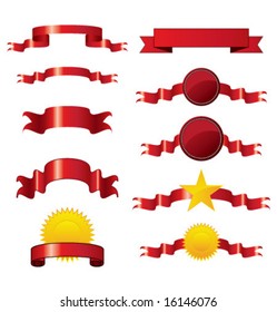 Collection of vector brightly red ribbons and seals
