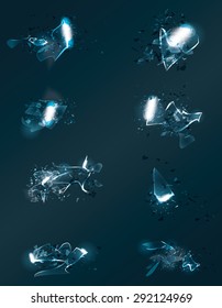 Collection of vector broken and shattered glass design elements with bright shining light effects on a dark background.