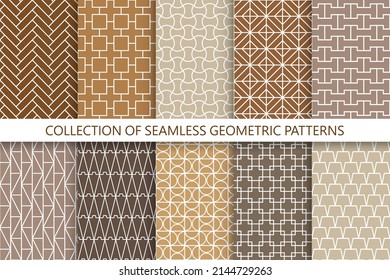 Colección de patrones ornamentales geométricos sin costura vectorial marrón. Colectiva interminables antecedentes orientales. Impresiones repetibles en color.