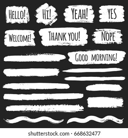 Collection Of Vector Brush Or Chalk Drawn Strokes With Greetings, Different Shapes. Set Of Various Graphic Elements. Line, Underline, Wave, Stripe, Rectangle, Text Background With Rough Edges.