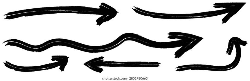 A collection of vector brush stroke arrows and pointers in black on a white background, ideal for design and directional indicators.