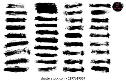 Collection of vector brush strokes. Drawing of black lines for grunge design and decor isolated on a white background.