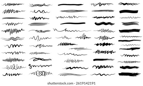 Collection of vector brush strokes lines underlines hand drawn design elements set for emphasis text
